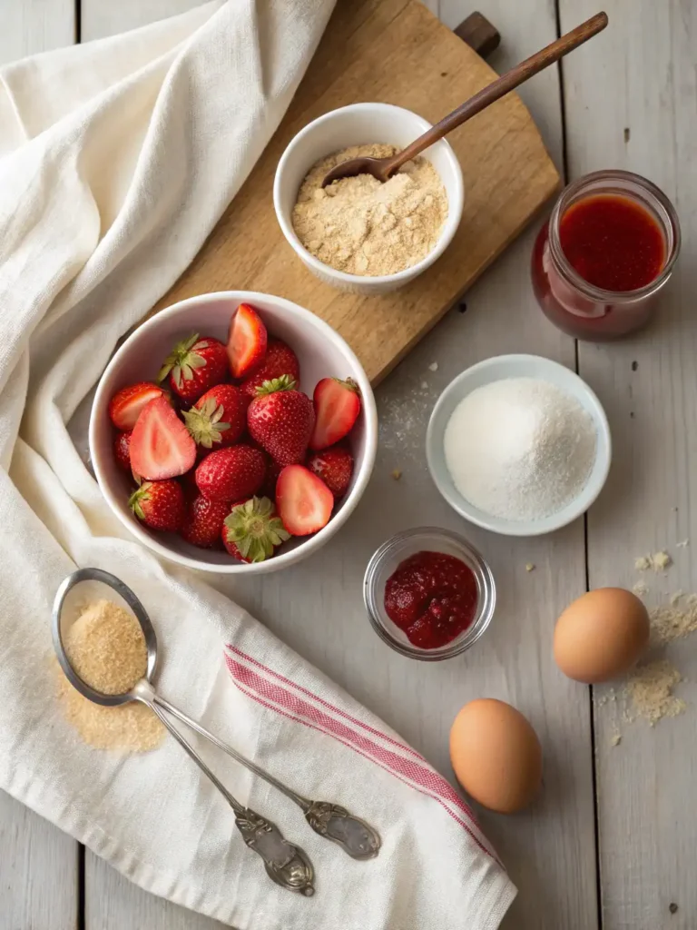Flatlay of strawberry almond flour cookie ingredients including almond flour, strawberries, jam, egg, vanilla, and coconut sugar on a rustic wooden surface