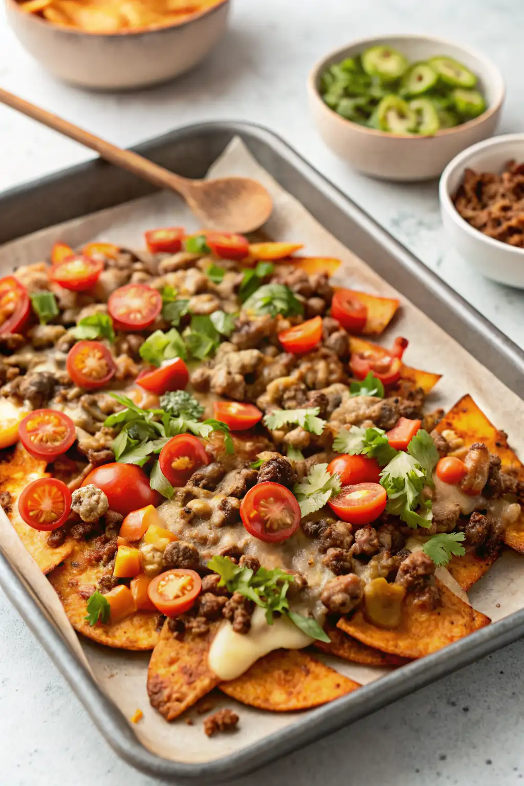 Sweet potato nachos with ground beef in a ceramic tray