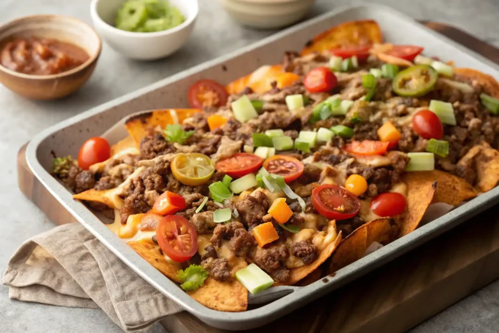 Sweet potato nachos with ground beef fresh from oven