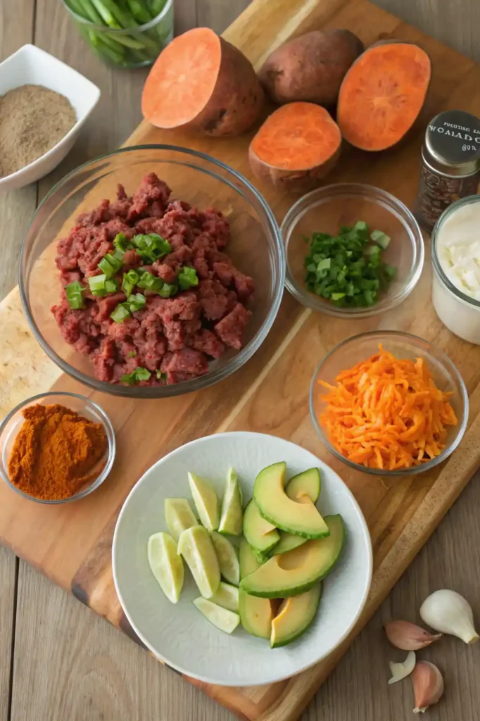 Ingredients for sweet potato nachos with ground beef on kitchen counter