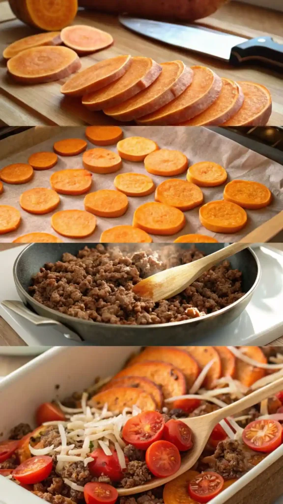Step-by-step sweet potato nachos with ground beef assembled in a ceramic tray