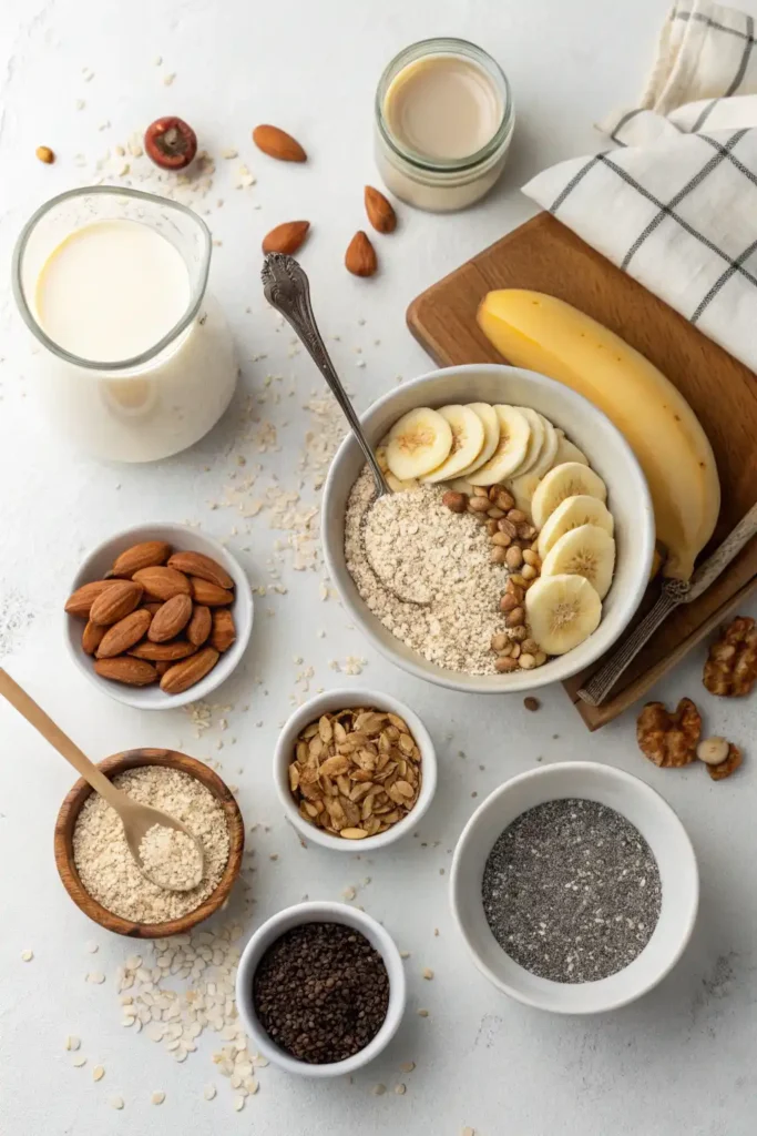 Ingredients for blended overnight oats vegan laid out on a counter