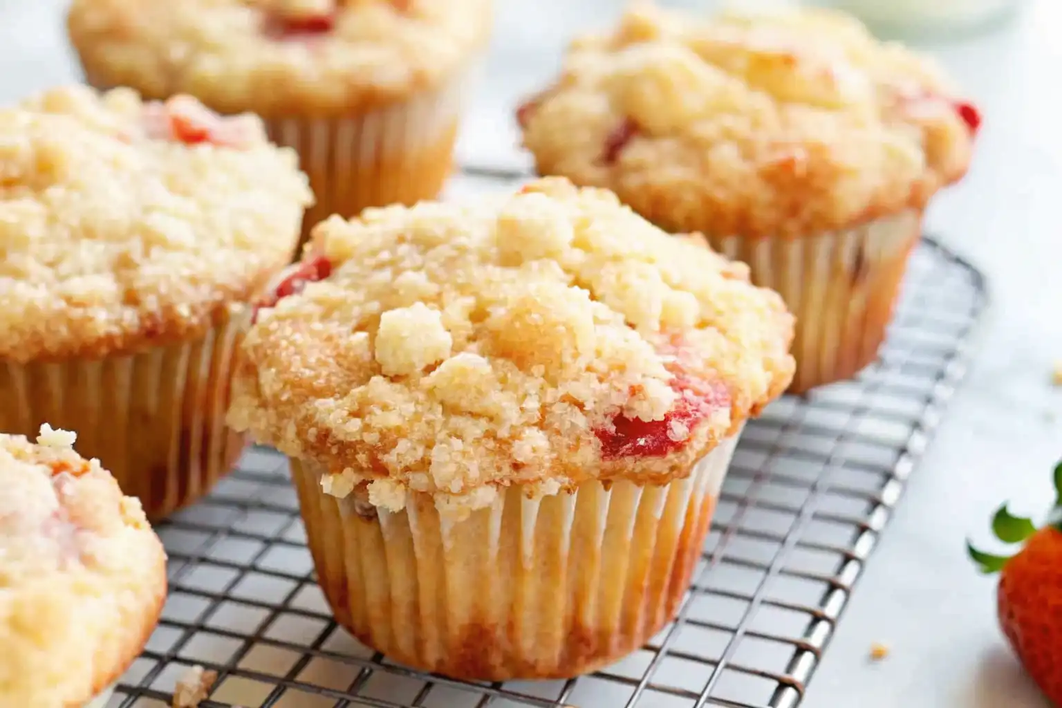 Freshly baked white chocolate strawberry muffin cooling on a rack