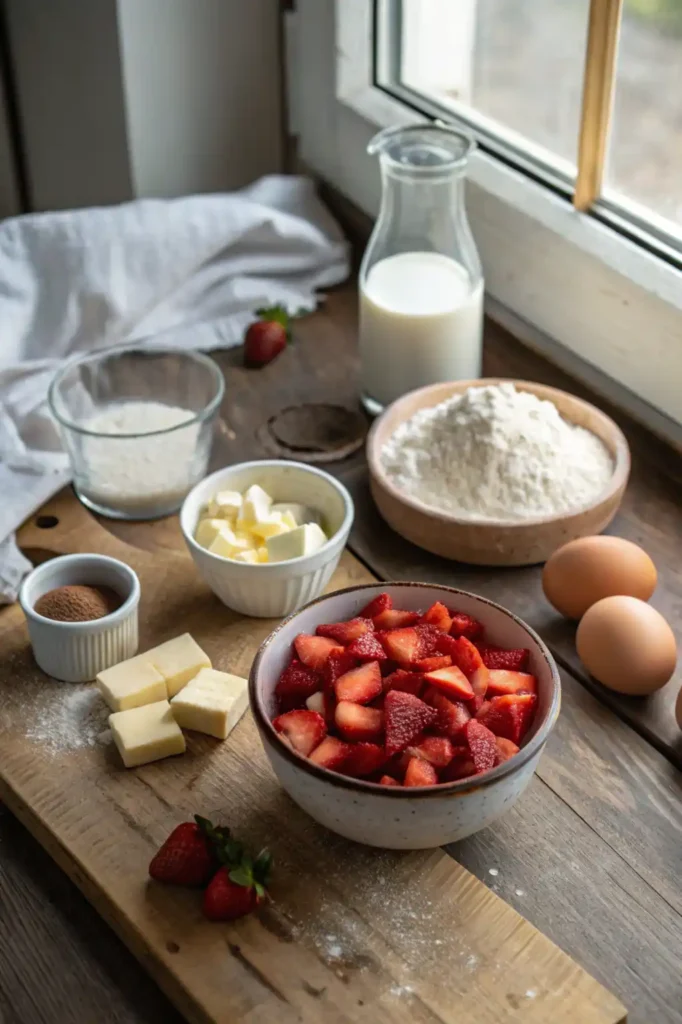 Ingredients for white chocolate strawberry muffin laid out on a kitchen counter