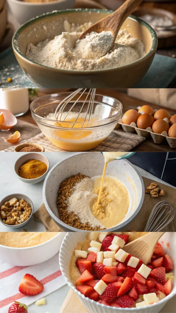 Step-by-step process of making white chocolate strawberry muffins from mixing to folding