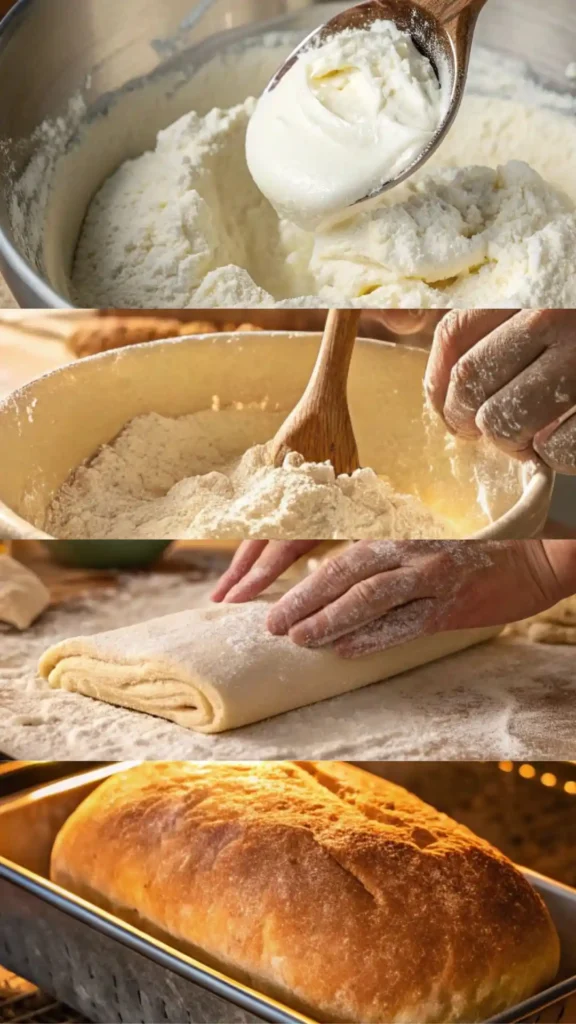 Step-by-step process of making 2 Ingredient Yogurt Bread from mixing to slicing
