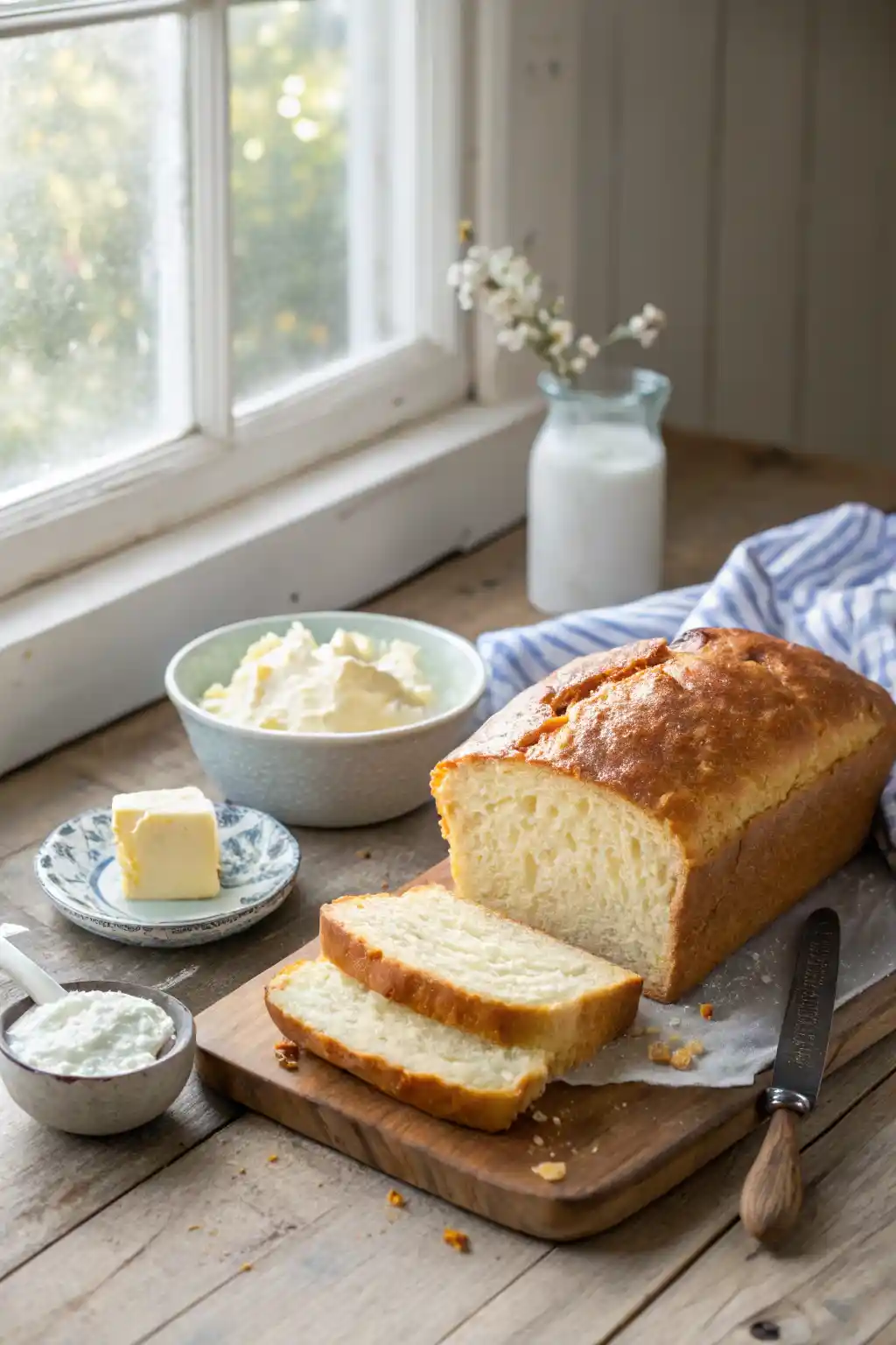 Freshly baked 2 Ingredient Yogurt Bread sliced to show its soft and fluffy crumb