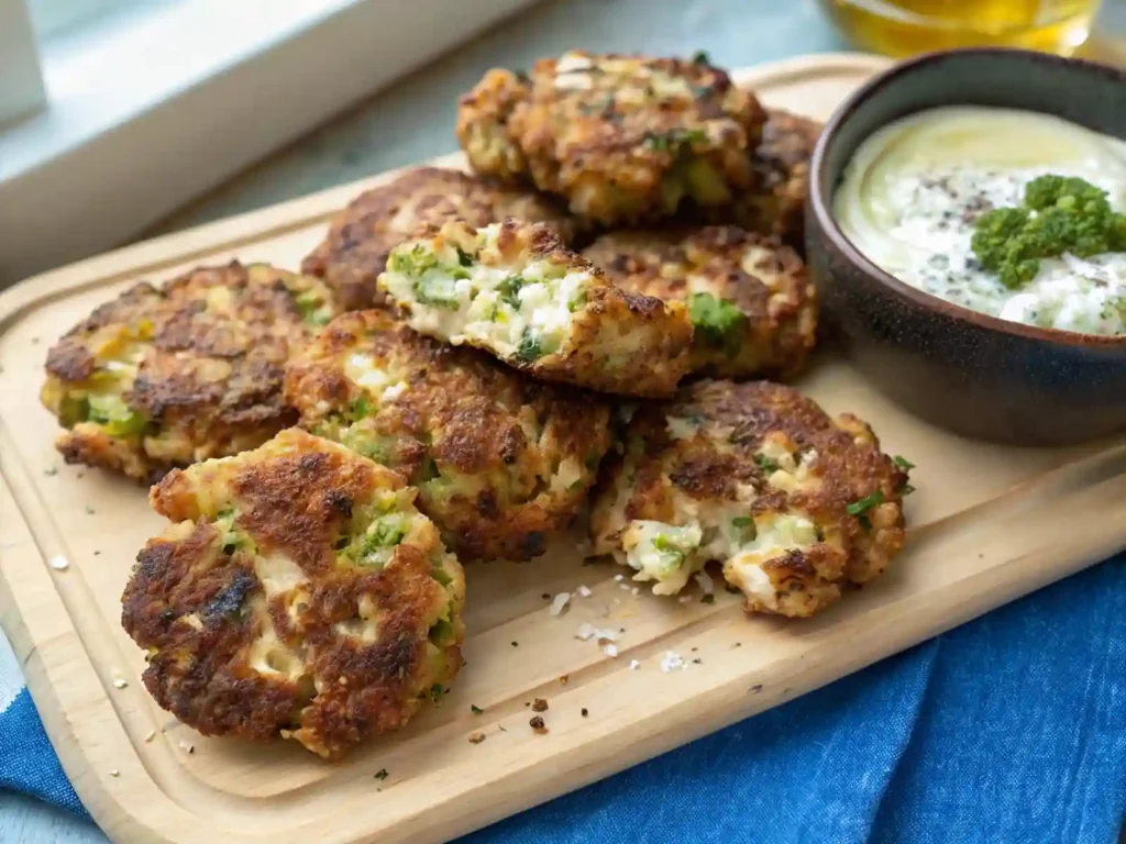 Chicken broccoli feta fritters stacked on a plate