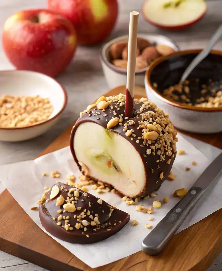 Sliced chocolate-covered apple topped with chopped peanuts, showing layers of date and peanut butter filling, served on a white plate with chocolate chips and apples in the background.
