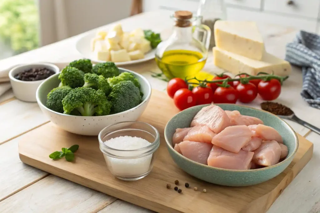 ingredients for creamy chicken broccoli feta bake on kitchen counter