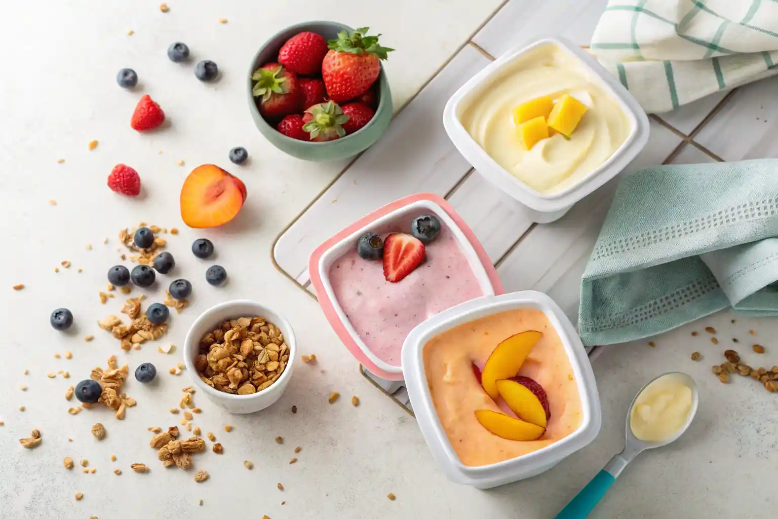 Colorful reusable yogurt pouches filled with strawberry, mango, and vanilla yogurt, surrounded by bowls of fresh berries, peaches, and granola on a kitchen counter.