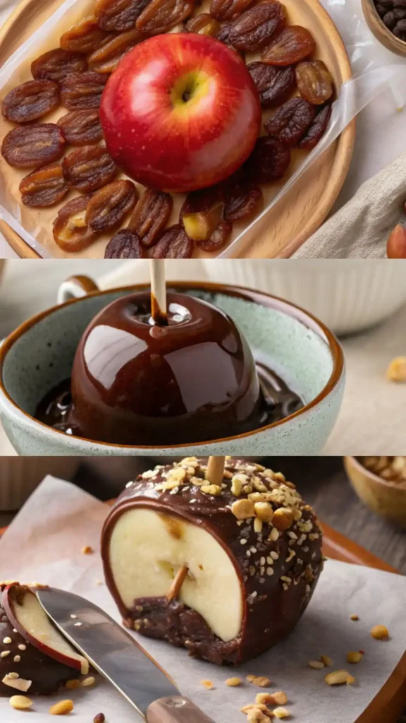 Step-by-step process of making chocolate-covered peanut apple: fresh apples, melted chocolate, chopped dates pressed flat, dipping apple in chocolate, and final decorated apple sliced open on a plate.