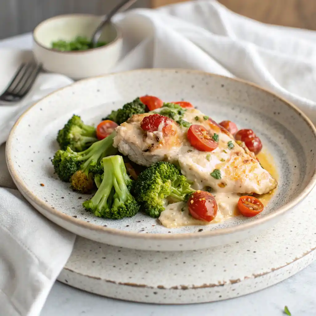 A baked feta chicken broccoli bake served in a white ceramic dish with cherry tomatoes and broccoli, paired with a creamy plated portion below.