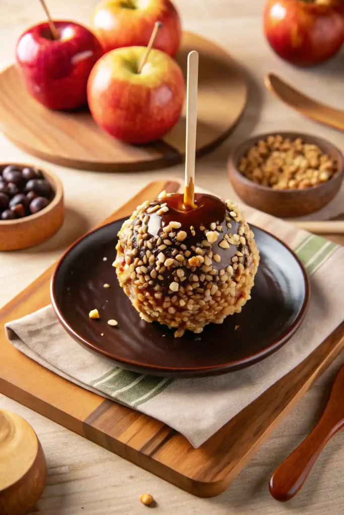 Caramel apple dates with chocolate drizzle and peanut topping