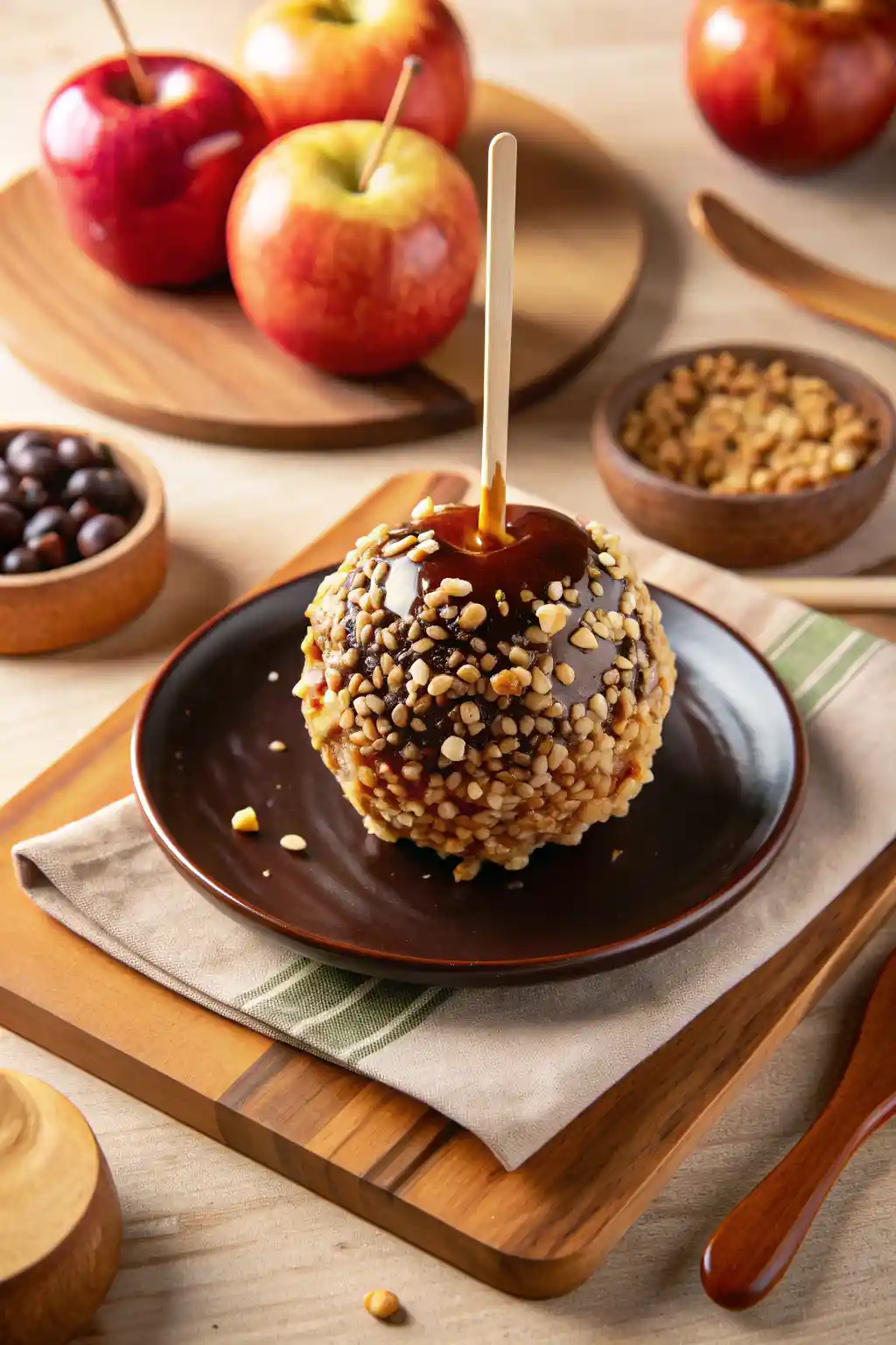 Caramel apple dates with chocolate drizzle and peanut topping