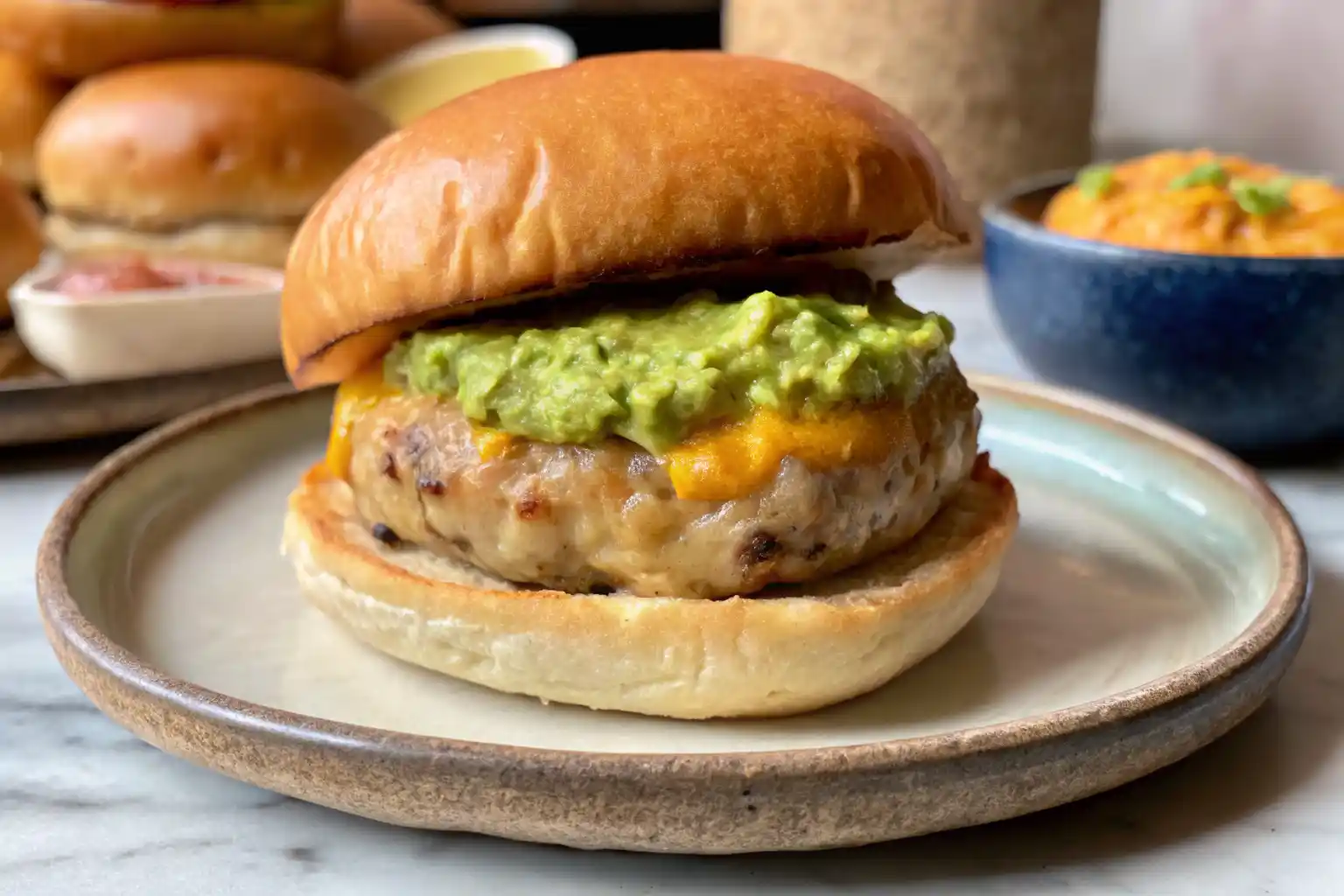 Cheddar zucchini turkey burger with melted cheddar and avocado spread on a soft bun