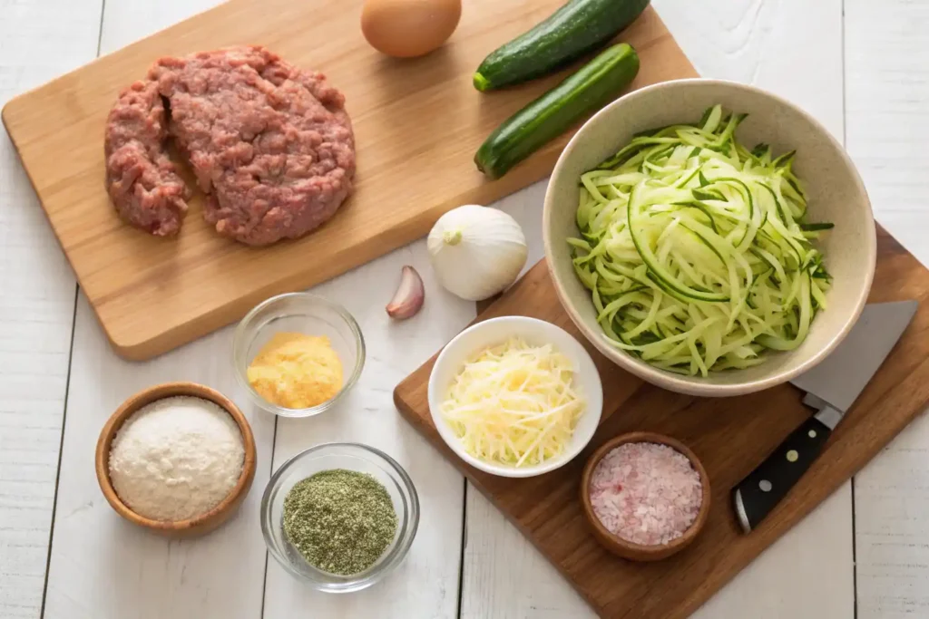 Ingredients for cheddar zucchini turkey burgers including ground turkey, zucchini, and cheddar cheese