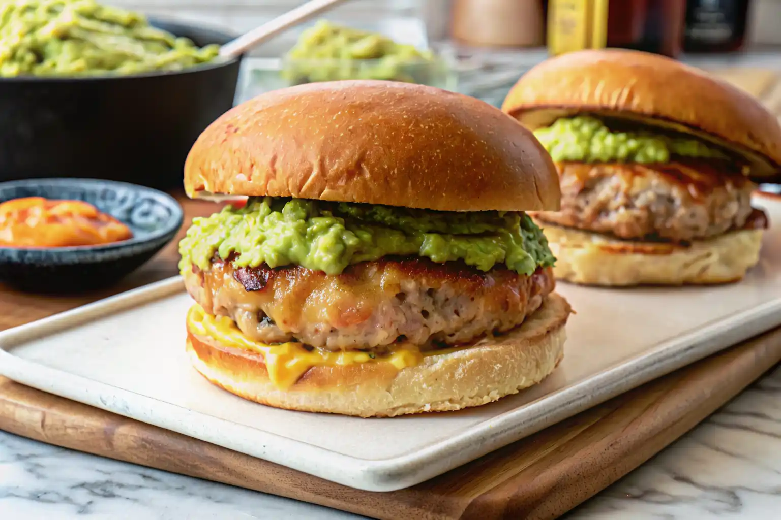 Cheddar zucchini turkey burgers with melted cheddar and avocado on a bun