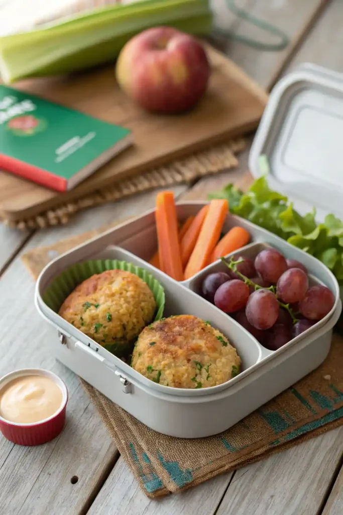 chicken broccoli feta fritters packed in a kids lunchbox
