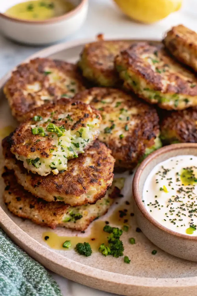 Crispy chicken broccoli feta fritters on a beige plate with creamy dipping sauce on a light kitchen table