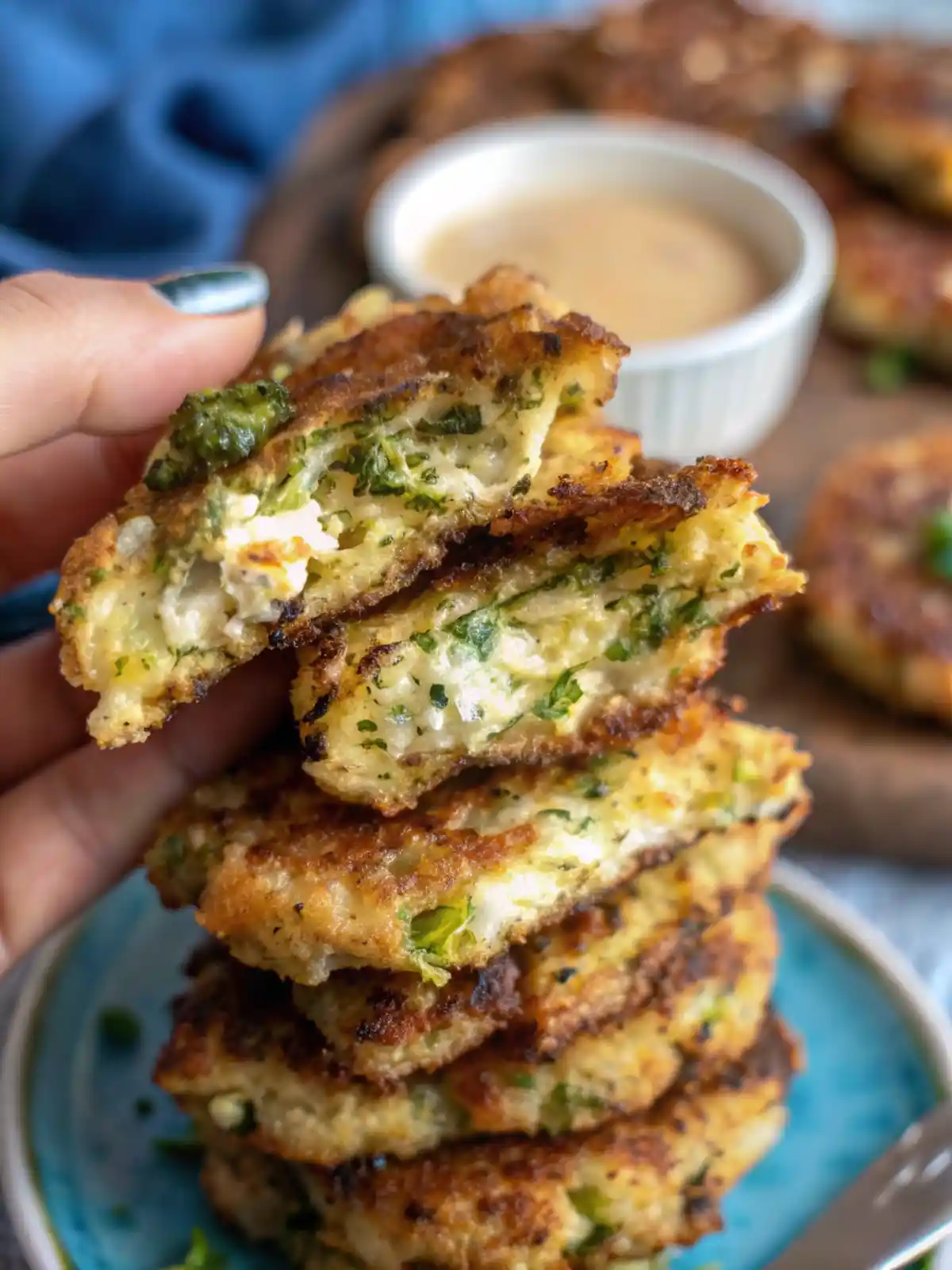 Chicken broccoli feta fritters served with dipping sauce on a white plate