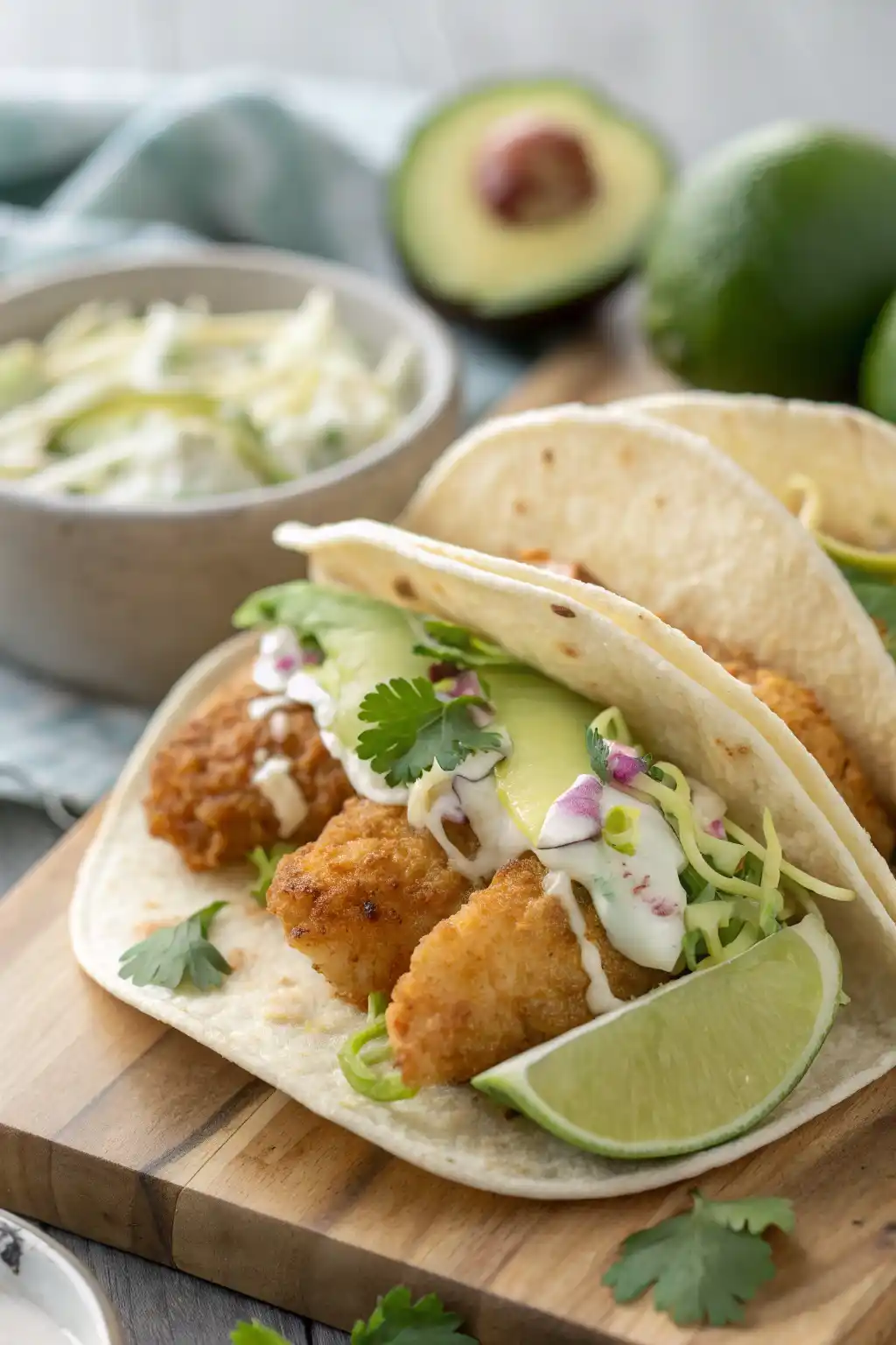 Close-up of crispy fish tacos with breaded white fish, creamy cilantro lime slaw, and colorful taco toppings in corn tortillas