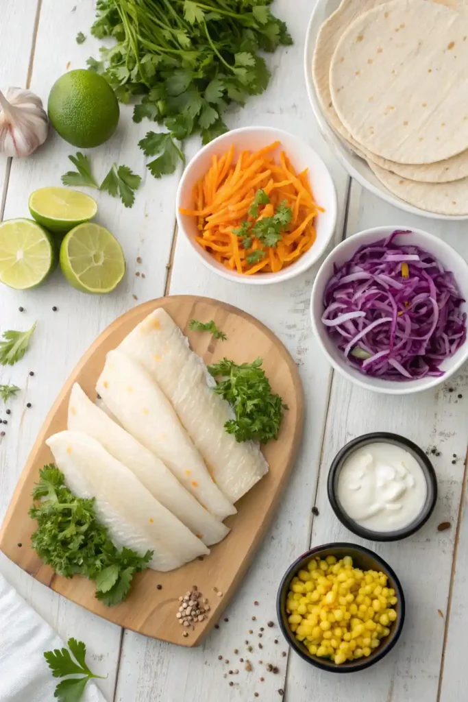Fresh ingredients for making crispy fish tacos with cilantro lime slaw including cod, cabbage, carrots, lime, corn tortillas, and spices