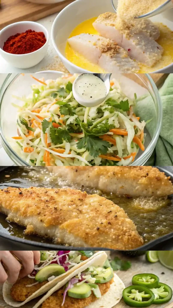 Step-by-step visuals for making crispy fish tacos with cilantro lime slaw, from breading cod to assembling tacos