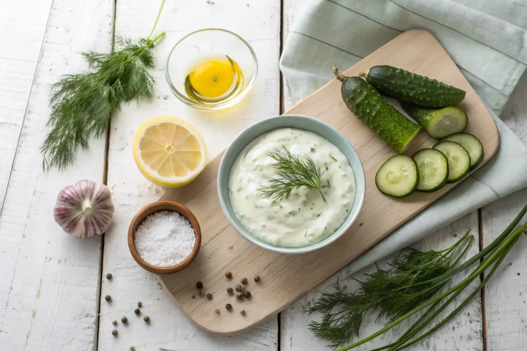Ingredients for dairy free tzatziki dip including cucumber, non-dairy yogurt, garlic, lemon, olive oil, and dill