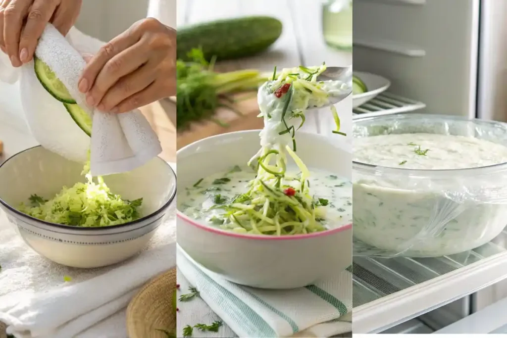 Step-by-step process of making dairy free tzatziki dip with cucumber, garlic, non-dairy yogurt, and herbs