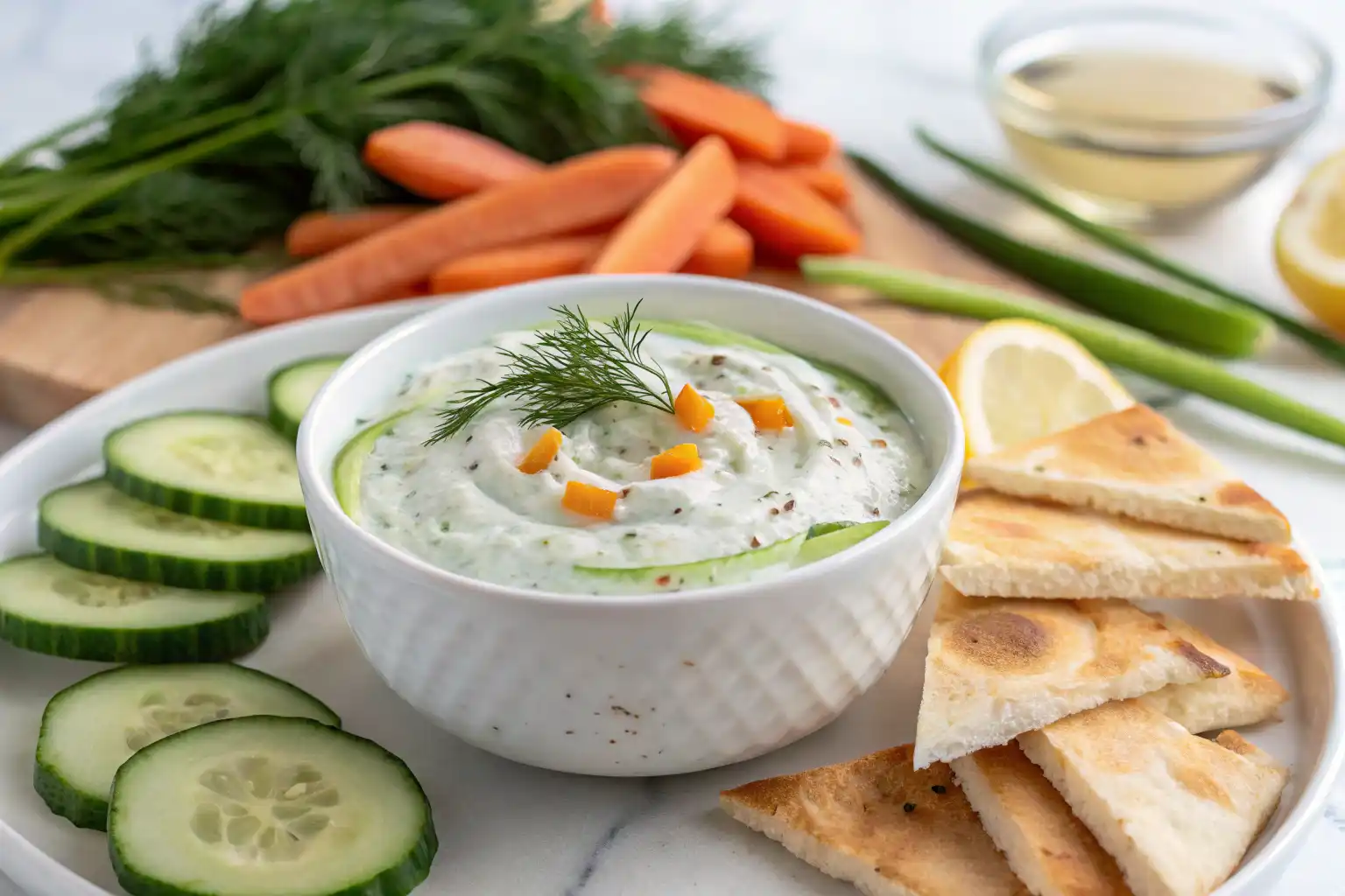 Dairy Free Tzatziki Dip made with non-dairy yogurt, cucumber, garlic, and fresh dill served with pita and vegetables