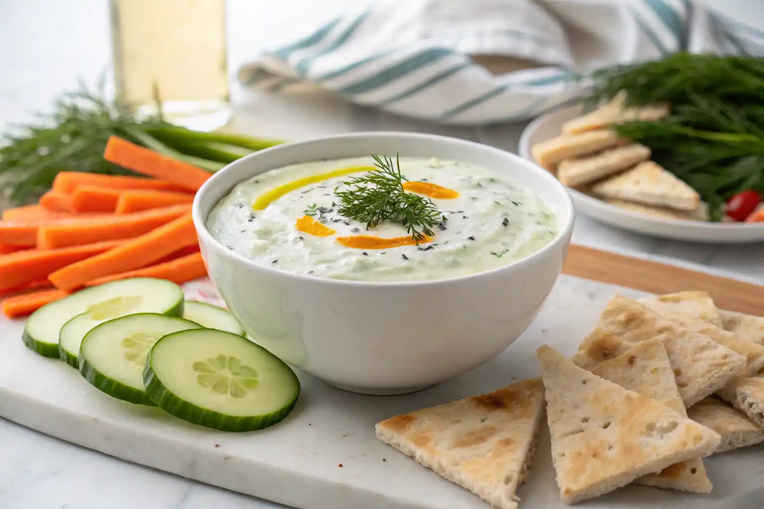 Creamy dairy free tzatziki dip in a white bowl with pita bread, cucumbers, and fresh dill” Title: Dairy Free Tzatziki Dip – Vegan Recipe