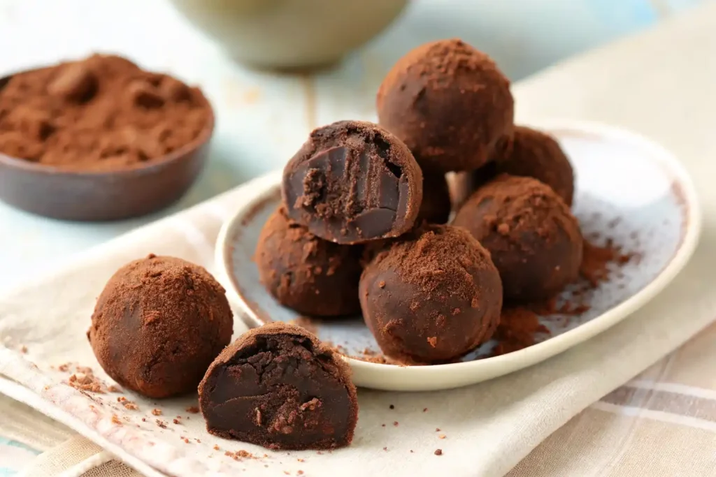 Dark chocolate truffles dusted with cocoa powder on a plate