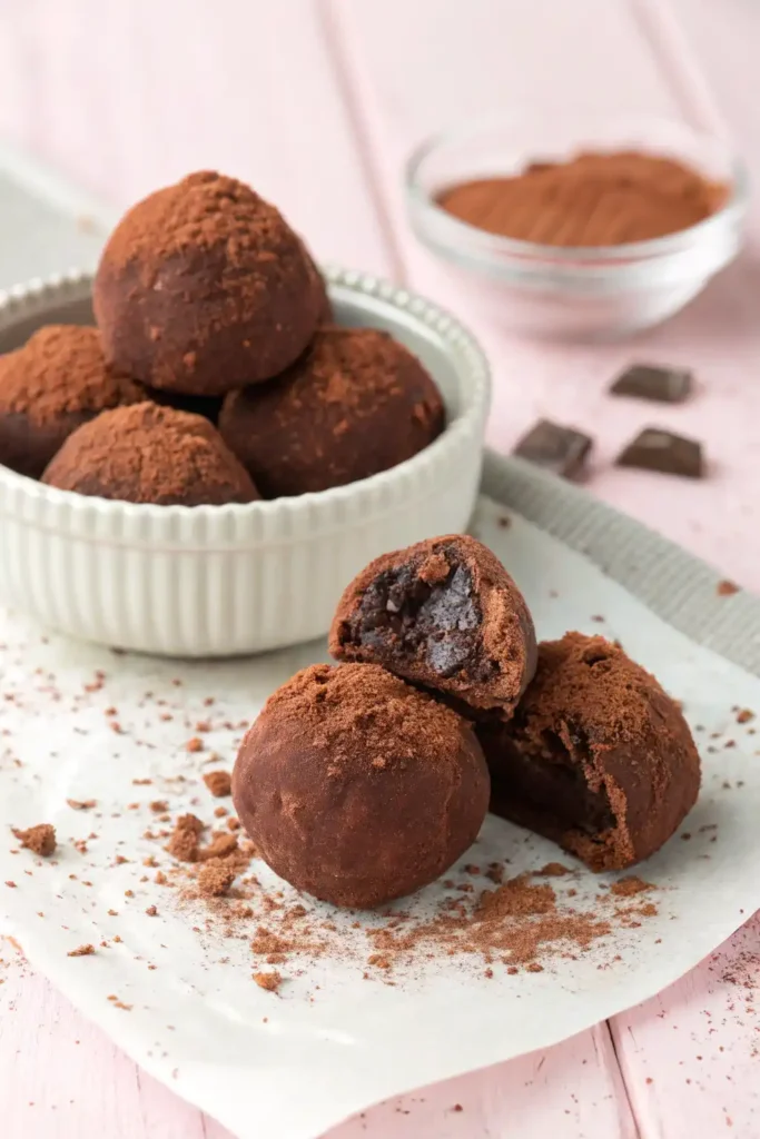 Dark chocolate truffle with bite on white plate with new background