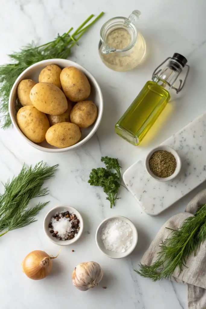 Ingredients for Dill Pickle Crinkle Potatoes on a white surface