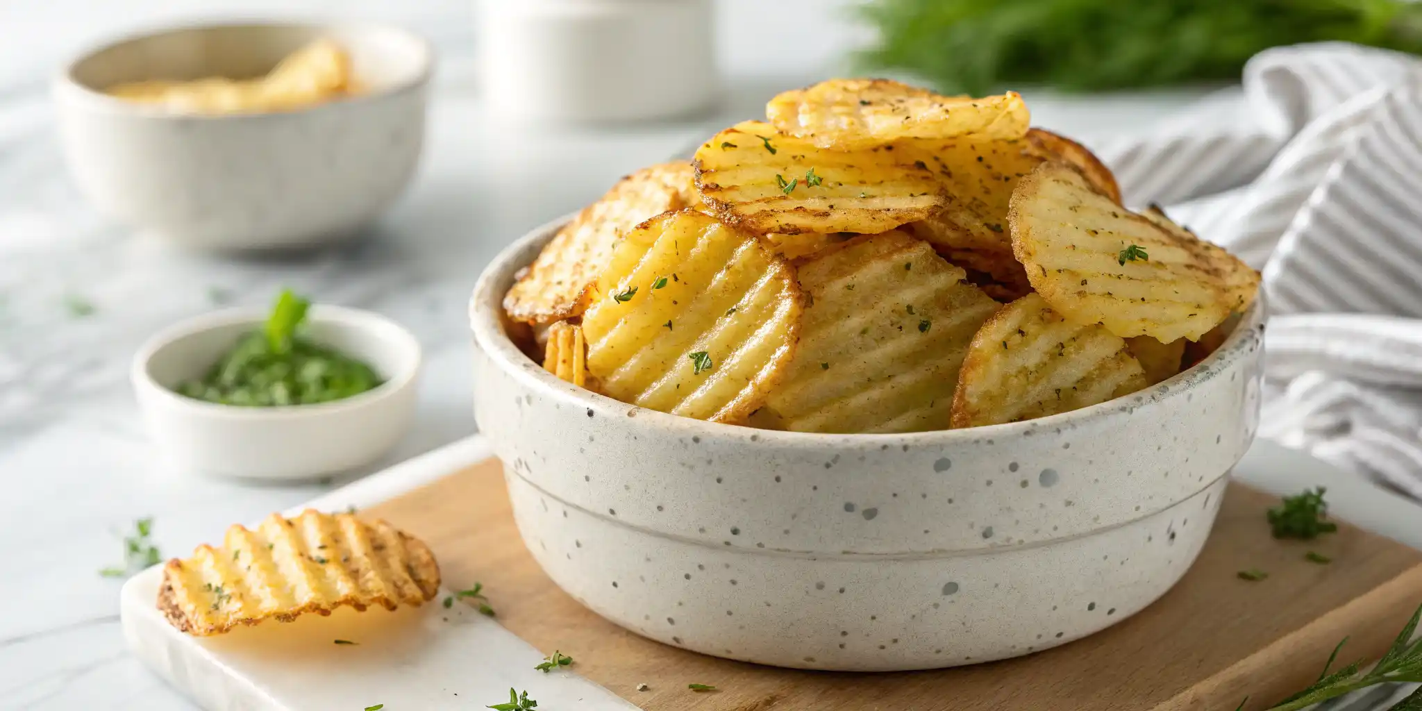 Wide-angle shot of golden Dill Pickle Crinkle Potatoes in a bowl