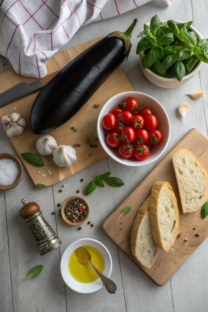 Ingredients for eggplant bruschetta including eggplant, tomatoes, basil, and bread