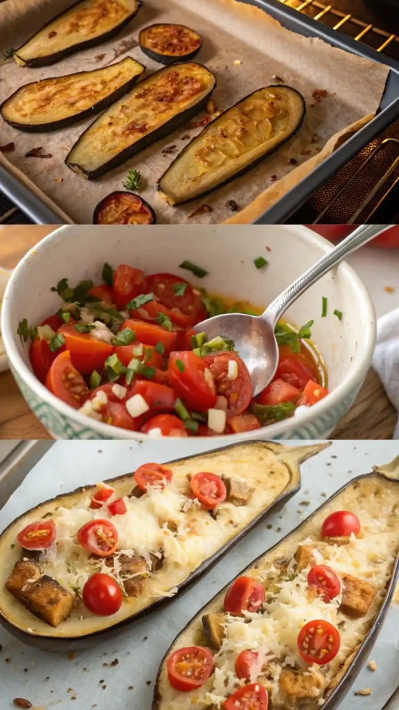 Step-by-step process of making eggplant bruschetta from start to finish