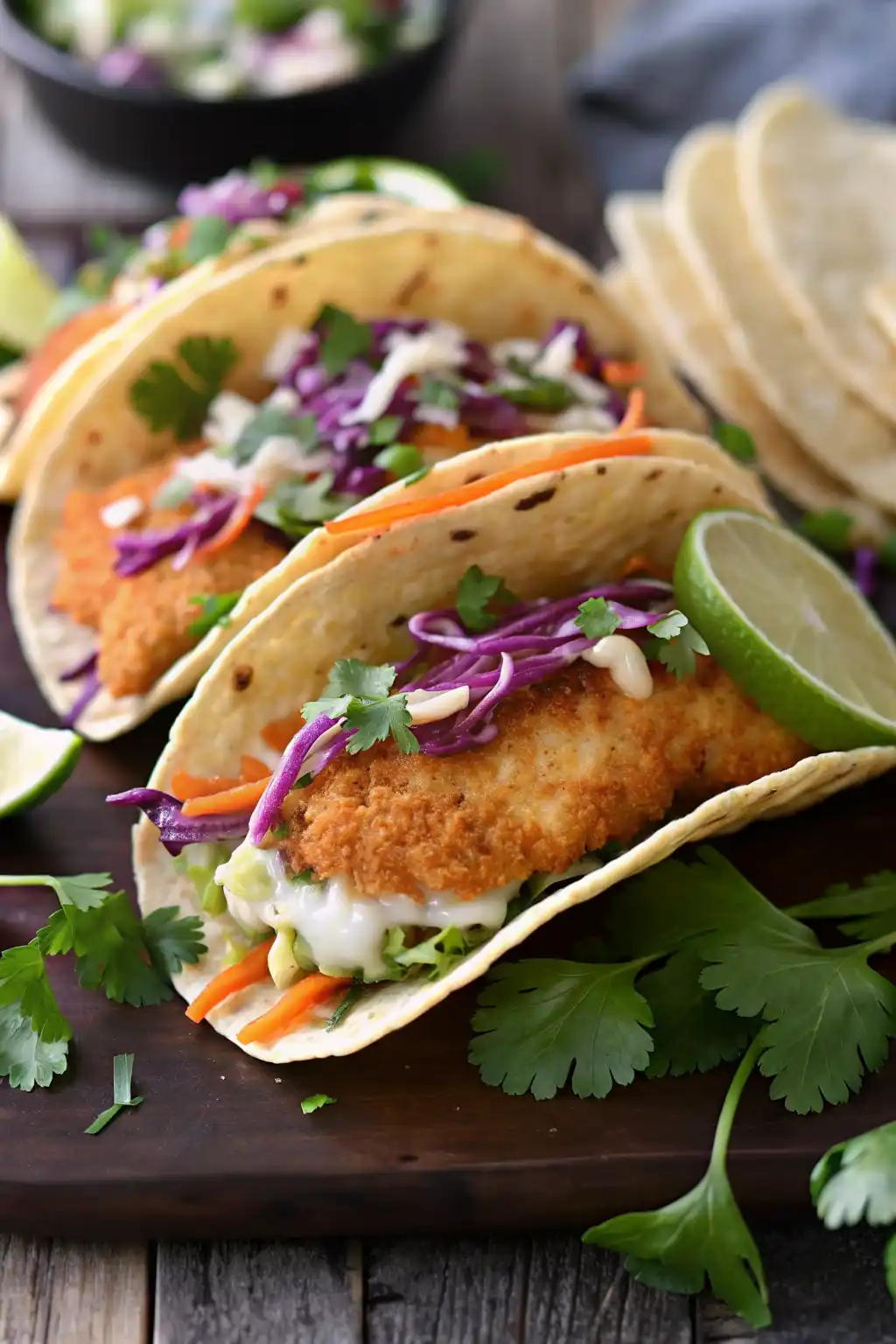 Crispy fish tacos with creamy cilantro lime slaw and colorful toppings in corn tortillas