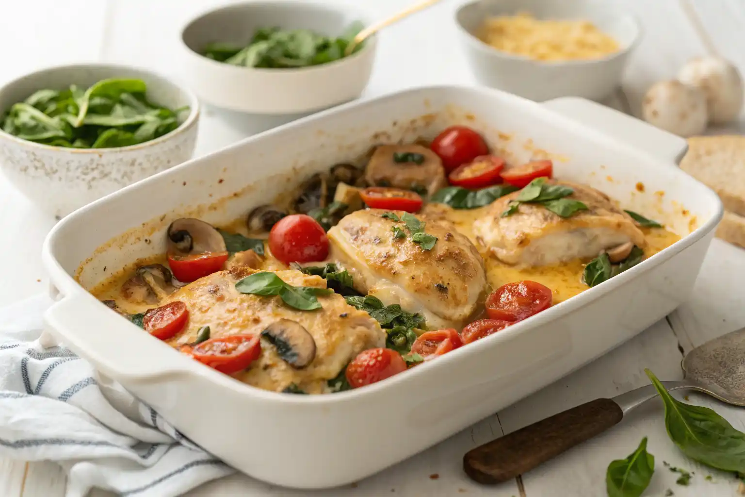 gluten free feta chicken broccoli bake with tomatoes in one pan