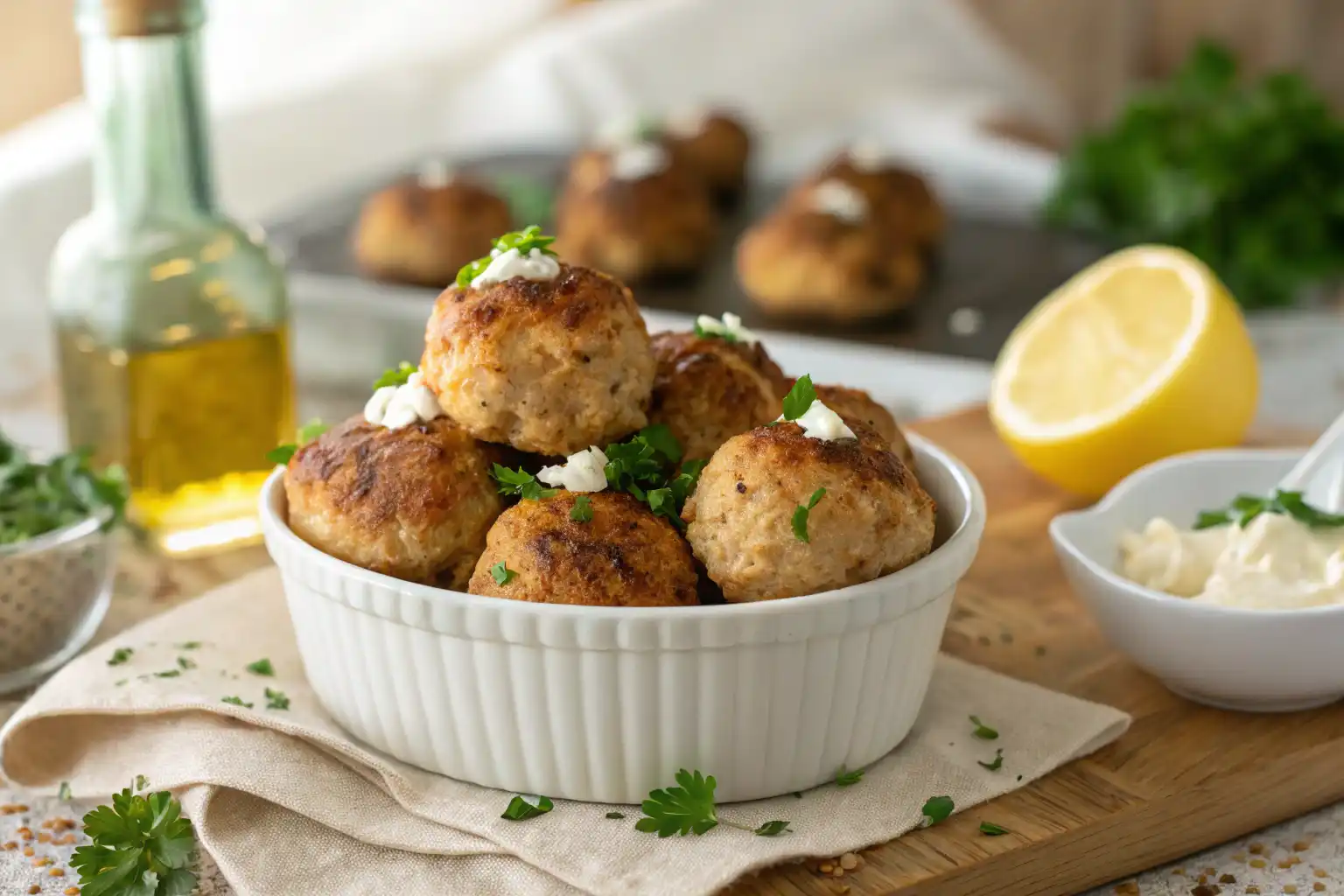 Feta stuffed Greek chicken meatballs in a bowl with fresh herbs