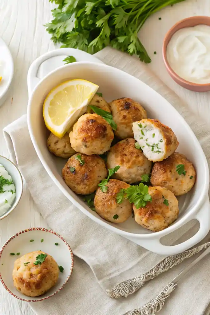 Feta stuffed Greek chicken meatballs served warm with creamy feta inside