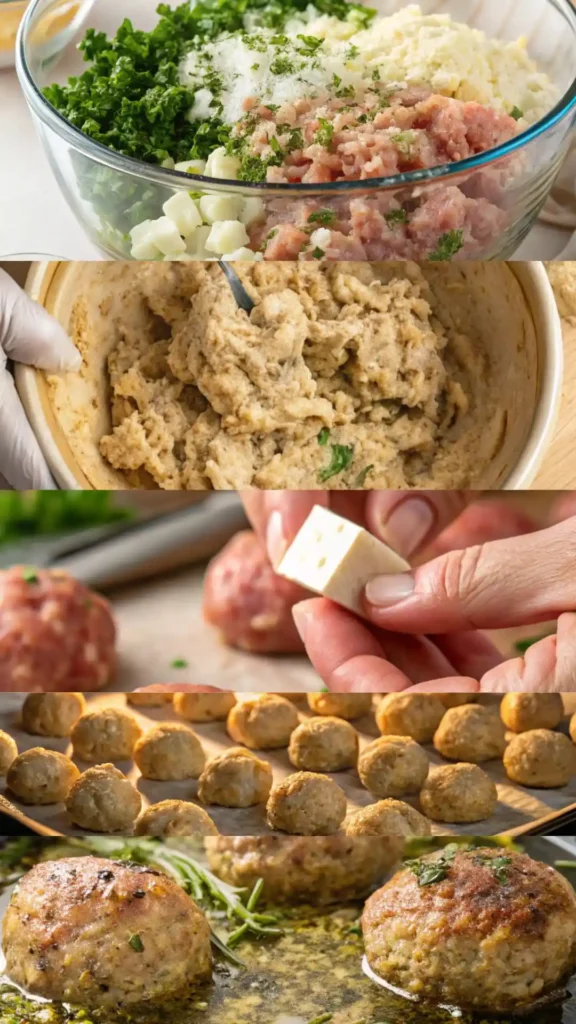 How to make feta stuffed Greek chicken meatballs step by step in one image