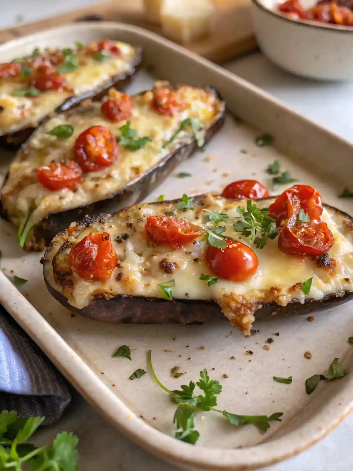 Baked eggplant bruschetta topped with tomatoes, herbs, and golden cheese