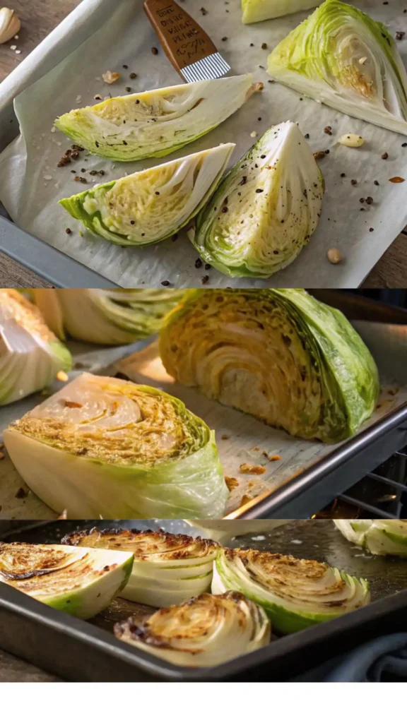 Step-by-step collage showing how to make garlic roasted cabbage wedges from cutting fresh cabbage to seasoning, roasting, and serving.