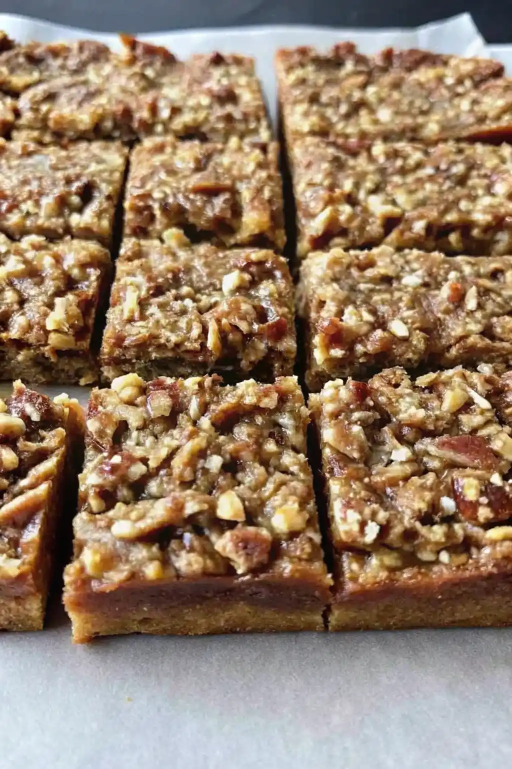 Close-up of a single gluten free pecan pie bar with golden crust and pecan topping
