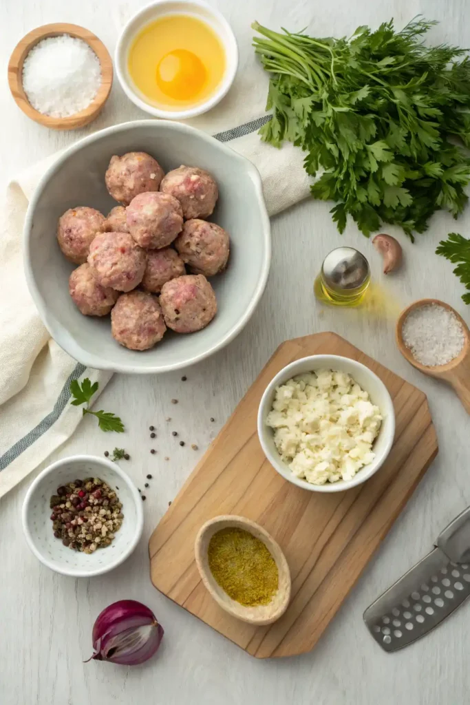 Ingredients for feta stuffed Greek chicken meatballs arranged flat lay