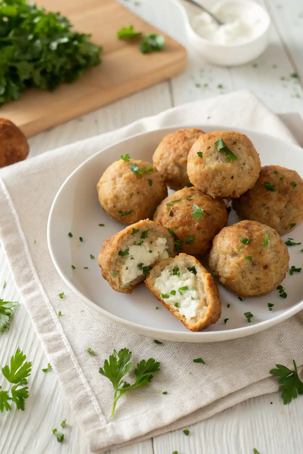 Feta stuffed Greek chicken meatballs with creamy melted feta center on white plate