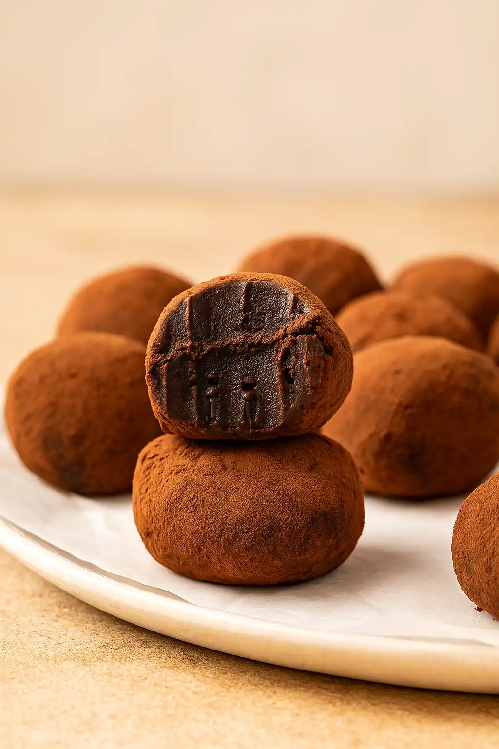 Homemade dark chocolate truffles on a plate ready to serve
