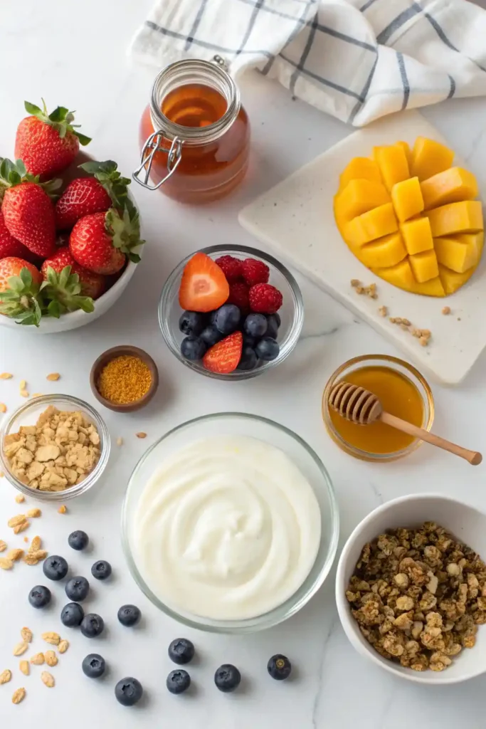 Ingredients for homemade yogurt pouches including yogurt, fruit, honey, granola, and reusable pouches on a marble counter.